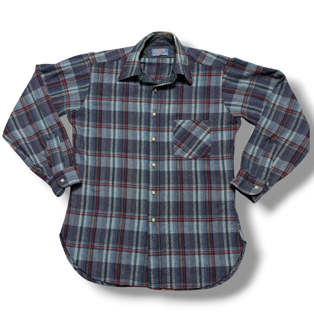 Vintage 60s Pendleton Gray Blue Plaid Wool Flannel Button Down Shirt Tartan Sz M